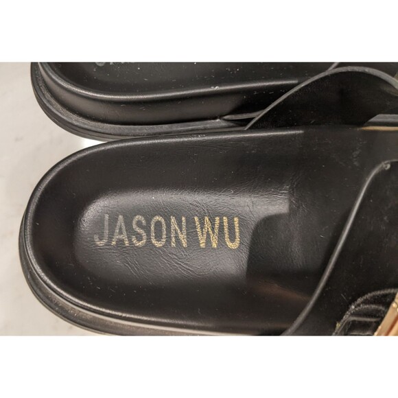 Women's JASON WU Marzan Luxe Black Leather Gold Buckles Slides Sandals 7.5 - Picture 4 of 11